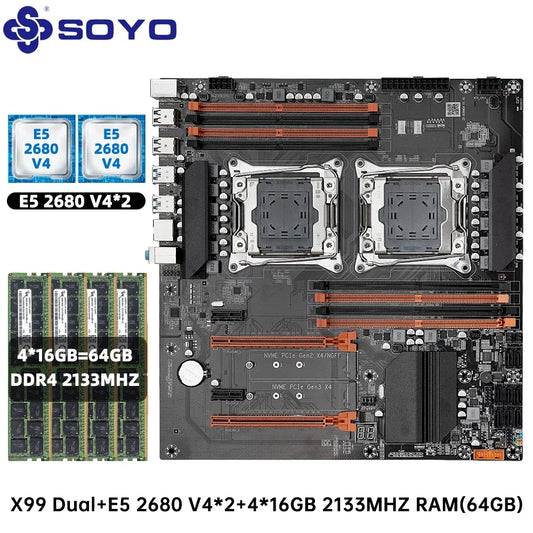 SOYO NEW X99 Dual CPU Motherboard Kit lntel Xeon E5 2680 V4&DDR4 64GB (4*16GB) LGA2011-3 M.2 NVME for Desktop Gaming Computer.