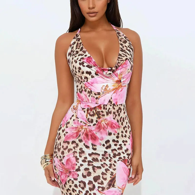 Frauen Kleidung Kleid Neue Sommer Sexy Backless Print Leopard V-ausschnitt Kleider Streetwear Fashion Halter Lace-up Kleider Kleidung.