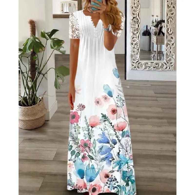 Frühjahr/Sommer Mode frauen Kurzarm Gedruckt Spitze Kleider Elegante frauen Weiß V-ausschnitt Slim Fit Party Lange vestidos.