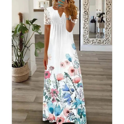 Frühjahr/Sommer Mode frauen Kurzarm Gedruckt Spitze Kleider Elegante frauen Weiß V-ausschnitt Slim Fit Party Lange vestidos.