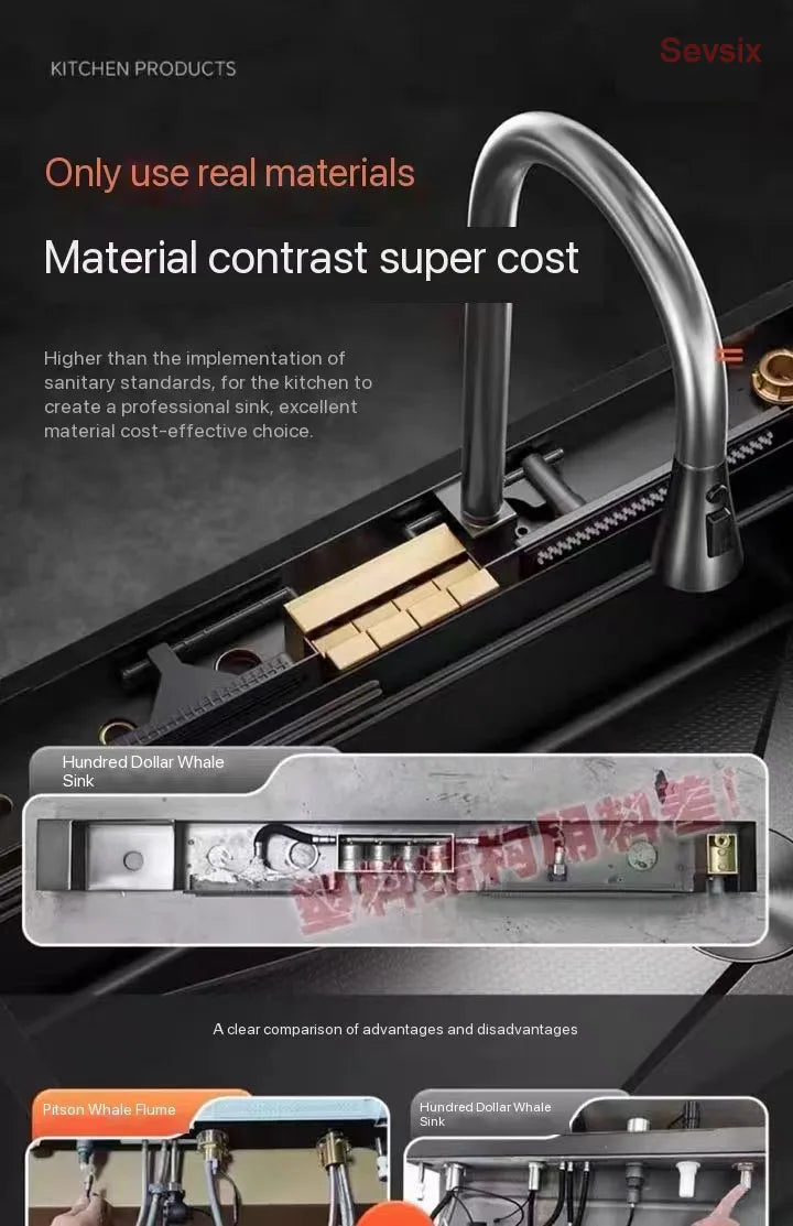 Küchenspüle aus Edelstahl mit Wasserhahn, Digitalanzeige, große Einzelschüssel, Wasserfall, Regen, 5-Funktionen-System, Spülbecken, Spüle