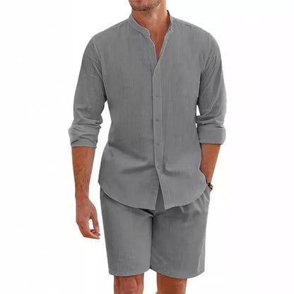 2 pcs Sets Men's Summer Cotton Linen Shirt and Shorts Cardigan Simple Casual Beach Shirts Comfortable Hawaii Wear.