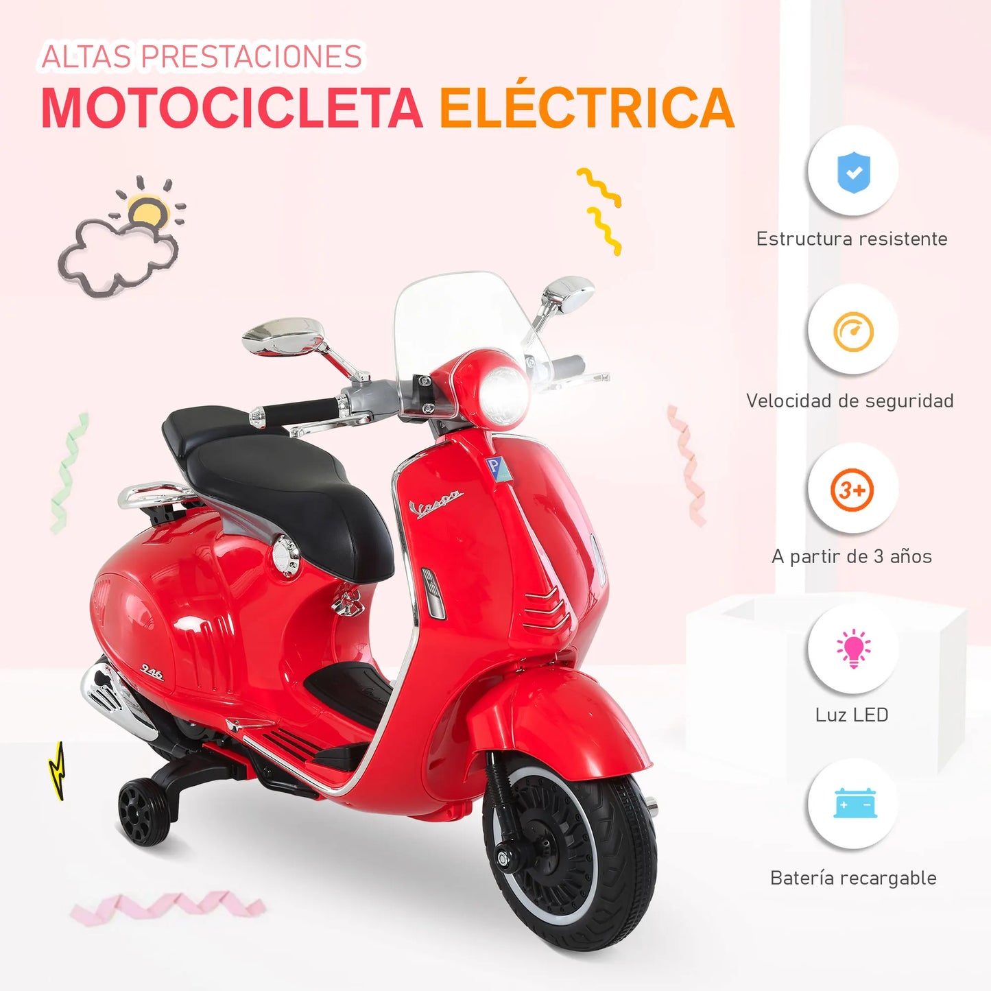 Electric Motorcycle for Children 3-6 Years Old Authorized from Vespa 108X49X75 cm.