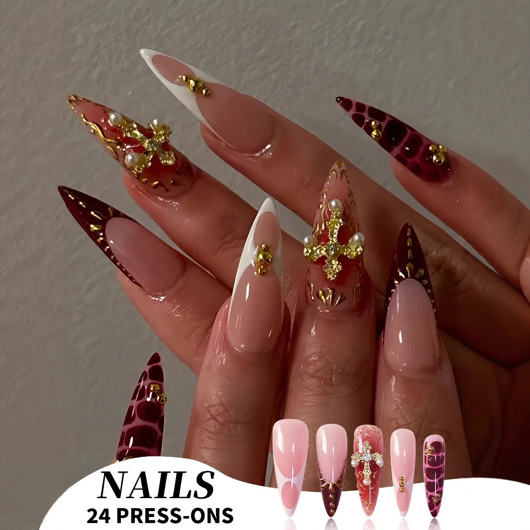 24Pc False Nails with Glue Almond Black Red Gradient Design Detachable Rhinestone Acrylic Fake Nail Long Stiletto Press on Nails.