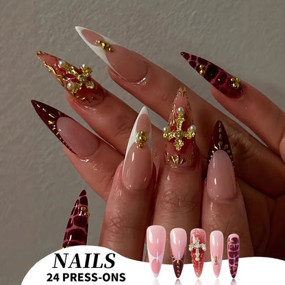 24Pc False Nails with Glue Almond Black Red Gradient Design Detachable Rhinestone Acrylic Fake Nail Long Stiletto Press on Nails.