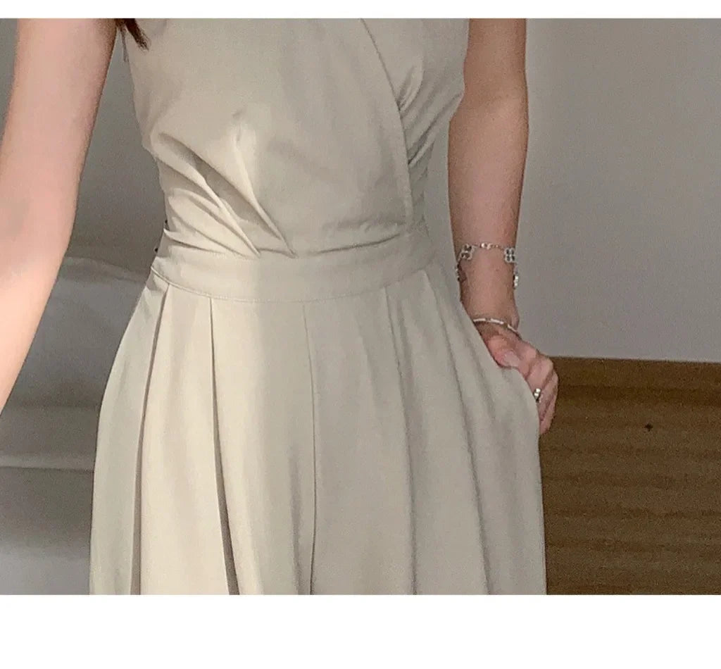 Women Clothes Elegant Sexy Halter Backless Folds Slim Wide Leg Loose Rompers Summer Solid Casual One Piece Long Jumpsuits.