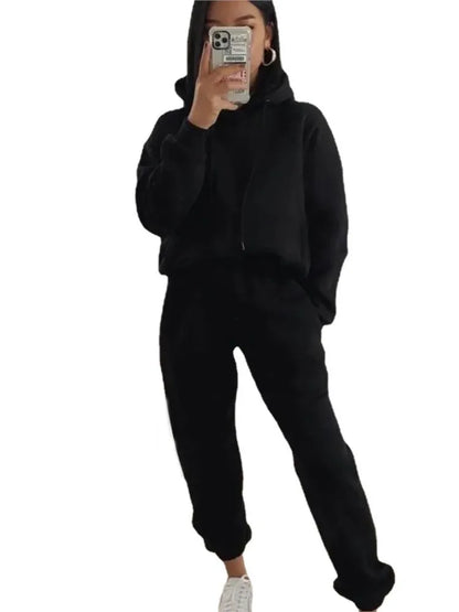 Women's Pocket Long-sleeved Hooded Sweatshirt Casual Set Autumn Winter New Solid Color Loose Sport Long Pants 2 Piece Set Female