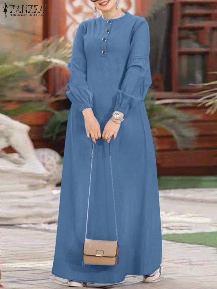 ZANZEA Muslim Women's Maxi Dress Islamic Hijab O Neck Half-Button Denim Blue Abaya Holiday Lantern Sleeve Loose Casual Vestidos.