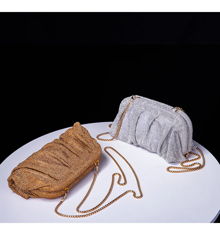 Premium Handmade Diamond-encrusted Clutch Bag Pleated Chain Rhinestone Cloud Clip Dinner Bag Single Shoulder Oblique Span Bolsos.