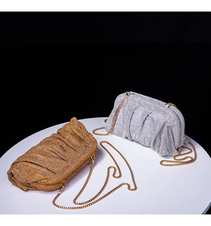 Premium Handmade Diamond-encrusted Clutch Bag Pleated Chain Rhinestone Cloud Clip Dinner Bag Single Shoulder Oblique Span Bolsos.