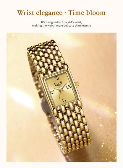 LIGE Silver Watch for Women Square Ladies Quartz Wristwatches Stainless Steel Women Small Gold Watch Luxury Casual Fashion Watch.