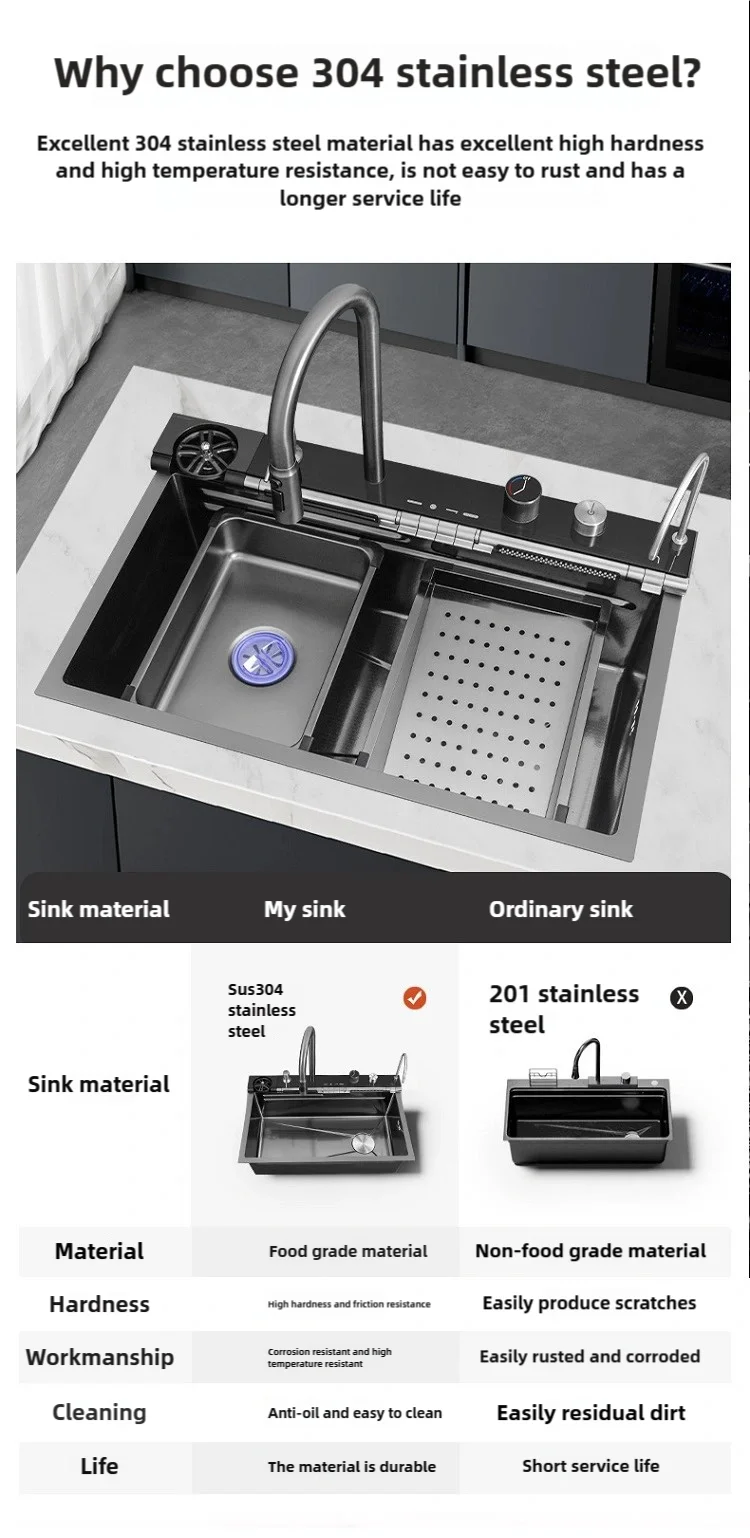 Stainless Steel Kitchen Sink Waterfall Faucet Large Single Sink Intelligent Dishwasher Sink Digital Display and Light Effects