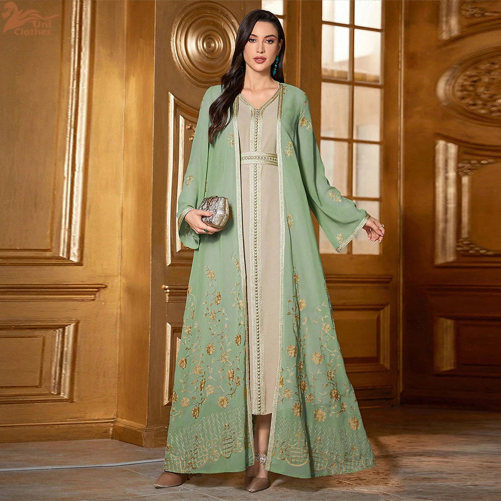 2 Pieces Set Muslim Women Matching Set Embroidery Open Kimono Abaya Maxi Dress Dubai Kaftan Robe Eid Djellaba Kebaya Caftan Arab.