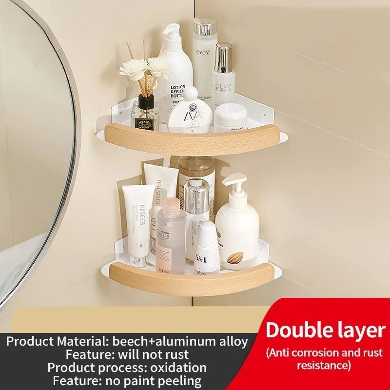 Badezimmer-Aufbewahrungsregal aus Holz und Aluminium, Aufbewahrungsregal für Badezimmer, perforationsfrei, Wandbehang, Waschtisch, WC, dreieckiges Eckregal
