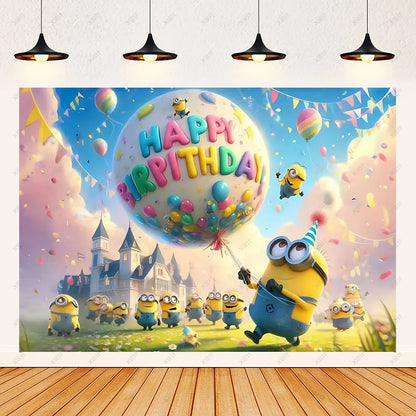 Cartoon M & Minions Geburtstag Party Dekoration Einweg Geschirr Tasse Teller Tischdecke Luftballons Gelb Große Augen Hintergrund Banner.