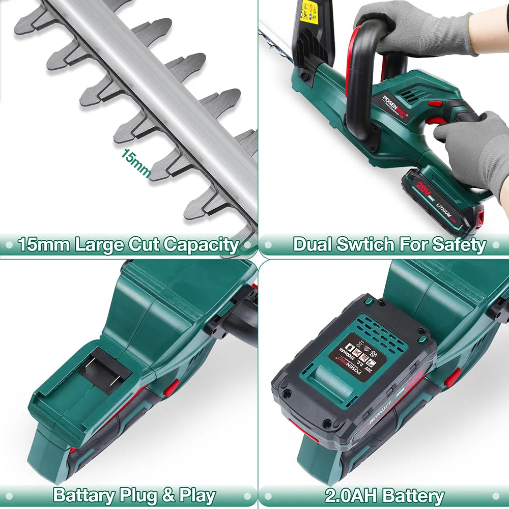 20 V Akku-Heckenschere, Gartenschere, Gartenwerkzeug-Set, 2,0 Ah Akku, Schnittlänge 520 mm, Zahnabstand 15 mm, POSENPRO