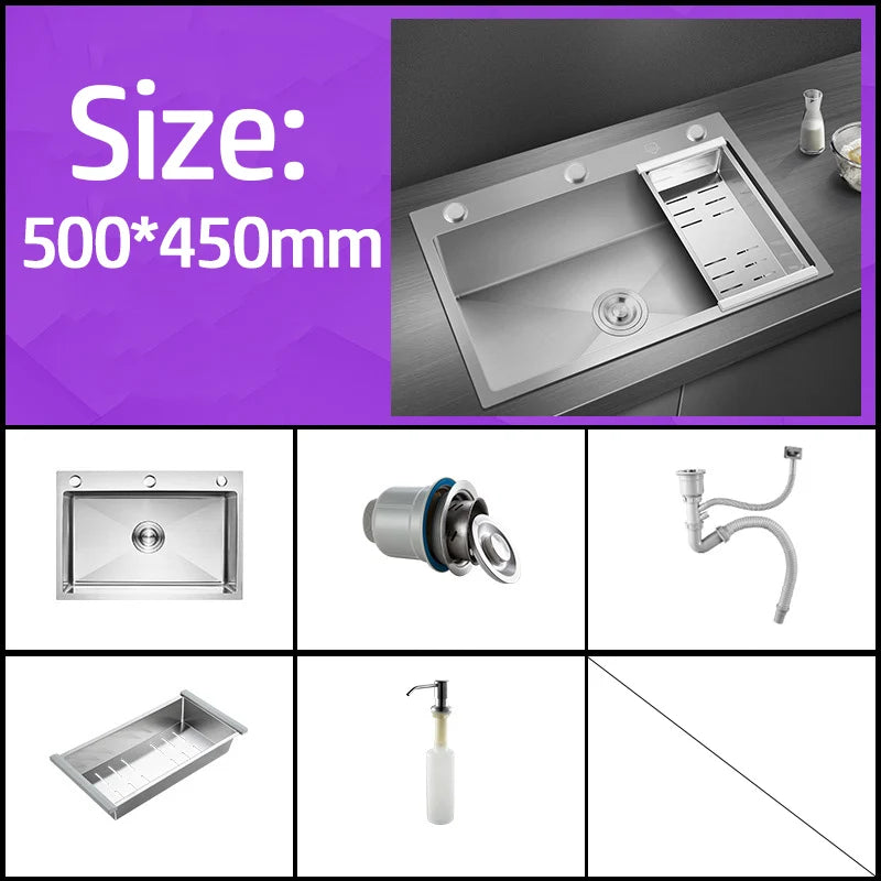 Handgefertigtes silbernes Küchenspülbecken aus Edelstahl 304, herunterziehend, Einzelschüssel-Waschbecken mit Abflussset