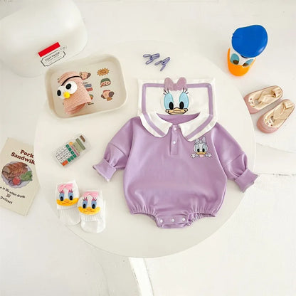 Neugeborenen Baby Strampler Socke Hut 3 stücke Set Cartoon Donald Daisy Ente Kleidung Jungen Mädchen Overall Infant Kurzarm Body k732.
