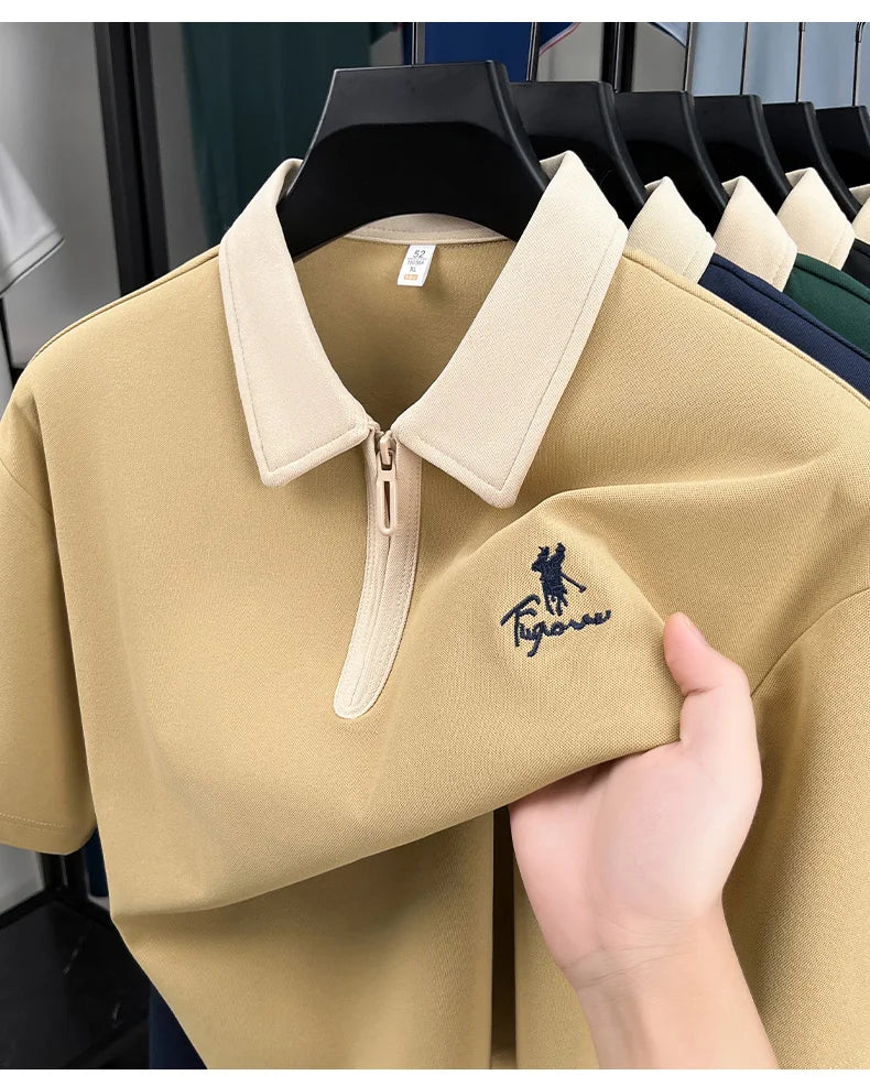 Luxury brand short sleeve polo shirt men's fashion Pony embroidered summer trendy breathable casual color blocked lapel T-shirt.