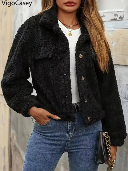 VigoCasey 2025, Herbst Winter Frauen Schwarze Jacke Einreiher Langarm Dicken Plüsch Warme Mantel Solide Dame Beiläufige Kurze Mantel.