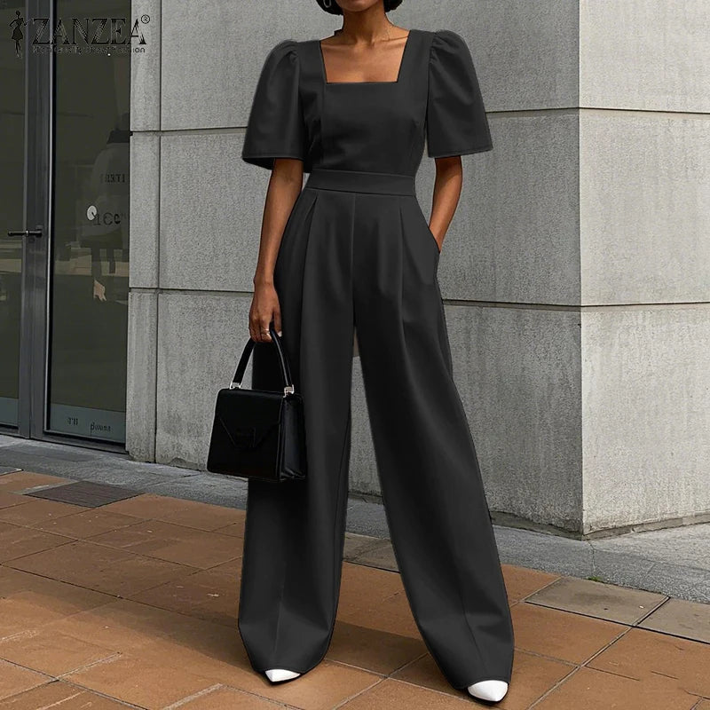 ZANZEA Street Fashion Elegant Womens Jumpsuits Sqaure Neck Short Sleeve Fitted Waist Wide Leg Pant Overalls Summer Streetwear.