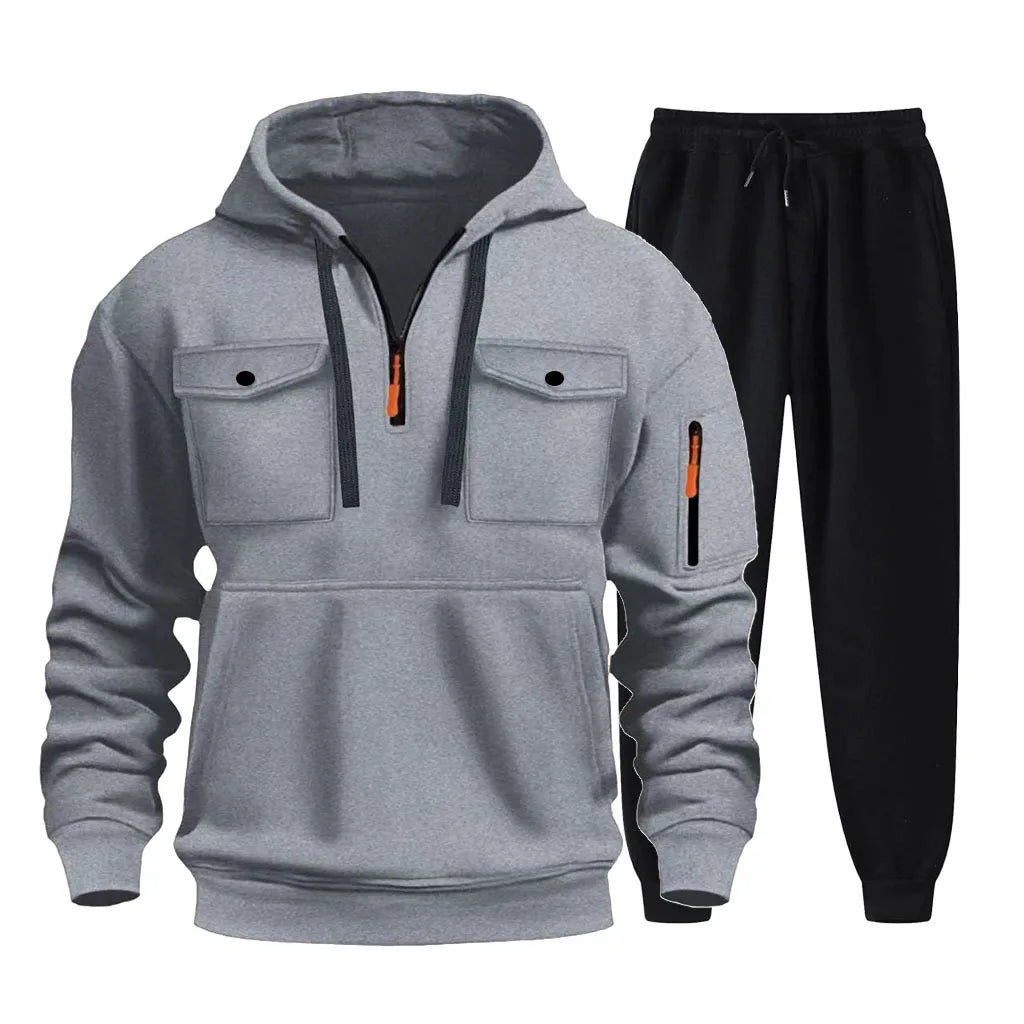 2025 new autumn/winter men's multi pocket zipper hooded sweatshirt+sports pants two-piece jogging and leisure fitness suit set.
