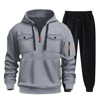 2025 new autumn/winter men's multi pocket zipper hooded sweatshirt+sports pants two-piece jogging and leisure fitness suit set.