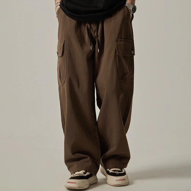 Men's Sweatpants 2025 Spring Autumn Vintage Japanese Wide Leg Straight Loose Button Big Pockets Cargo Pants Drawstring Trousers.