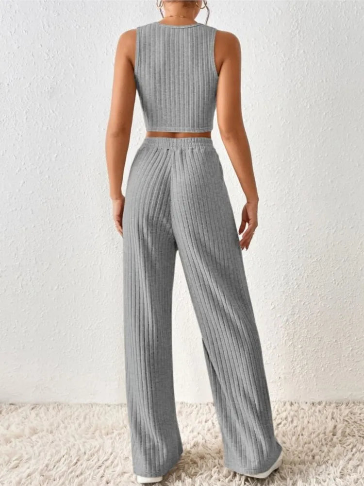 New Spring Solid Color Fashion Casual Knitted Cotton Waist Sleeveless Tank Top High Waist Pants Set For Women's Clothing.