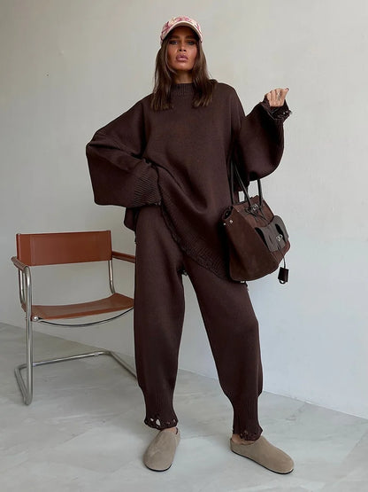 Bornladies Autumn Winter Women's New Turtleneck Knit Sweater Skinny Knit Pants Set Soft Oversized Ripped Hem Fashion Pullover