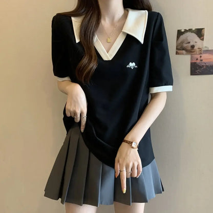 Plus Size Women's Casual Polo Neck Short Sleeve T-Shirt Slimming Belly Cover Summer Age Defying Shoulder Level Top.