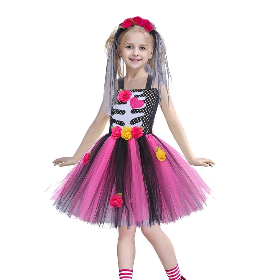 Halloween Kinder Kleid Cosplay Herz druck Skelett Kostüme Mädchen Blumen Schädel Tutu Kleidung Kinder Karneval Leistung Outfits.