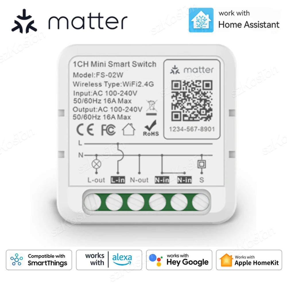 Matter WiFi Smart Switch für Homekit Smartthings Home Assistant 16A Smart Home Automation Relaismodul Funktioniert mit Alexa Google.