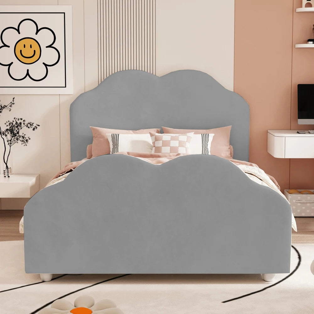 Kinderbett 90 x 200 cm hohes Geländer, Kinderbettgestell mit wolkenförmigem Kopf und Fußteil, Bett aus hautfreundlichem Samt