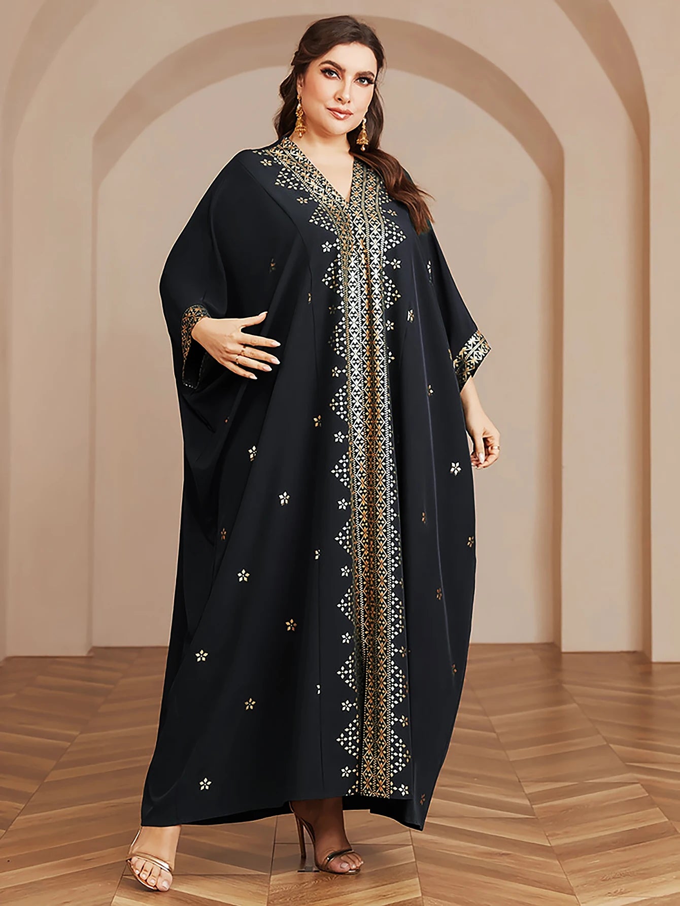 Wow! Langarm-Abaya in Übergröße mit Goldfolie – atemberaubendes arabisches Kleid, steigern Sie Ihren Stil für jede Veranstaltung!.