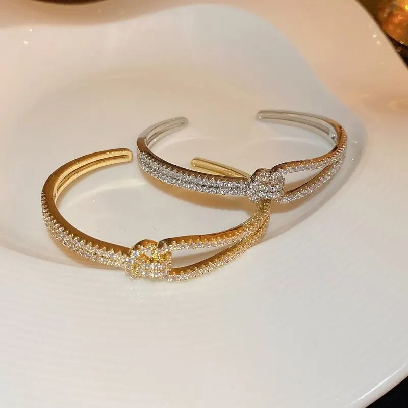 Exquisite Full Zircon Cuff Bracelets Gold Plating Copper Knot Opening Bracelet Minimalist Women's Bangle For Wedding Party.