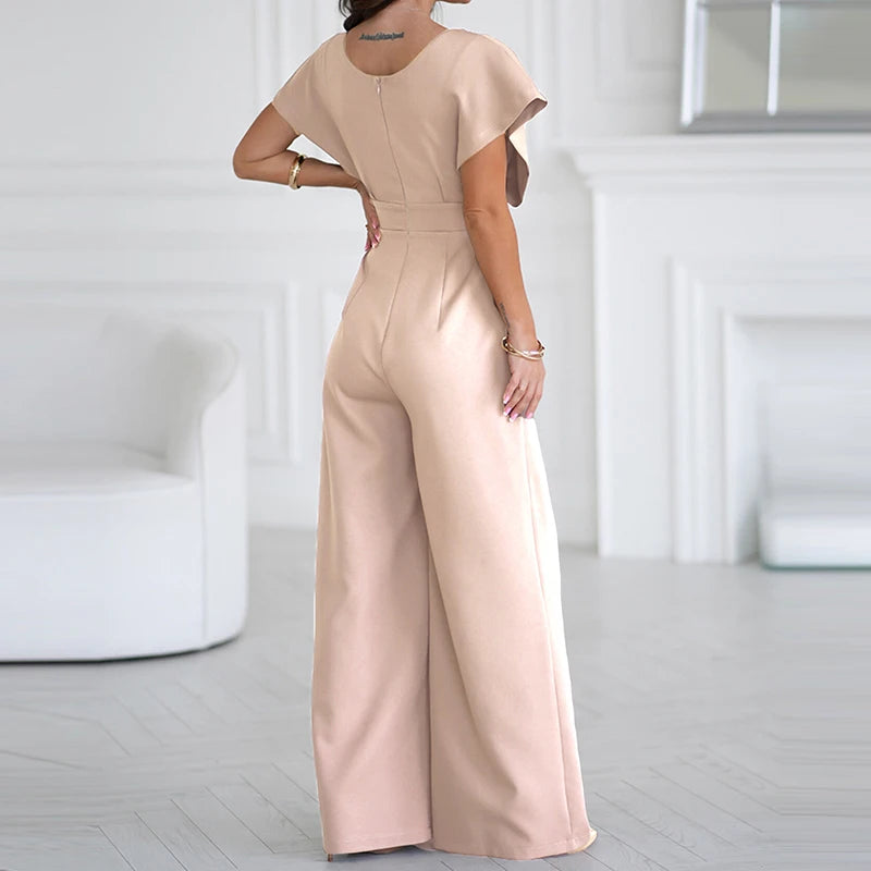 Elegant Women Solid Color Slim Playsuits Overalls Office Lady Simple Commuting Rompers Temperament High Waist Wide Leg Jumpsuits.