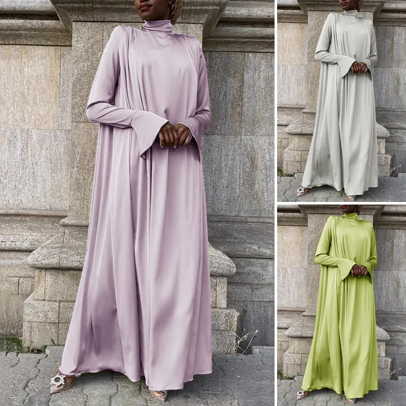 VONDA Frauen Böhmischen Lange Maxi Kleid 2024, Elegante Langarm Hohe Kragen Roben Casual Einfarbig Vestidos Vintage Sommerkleid.