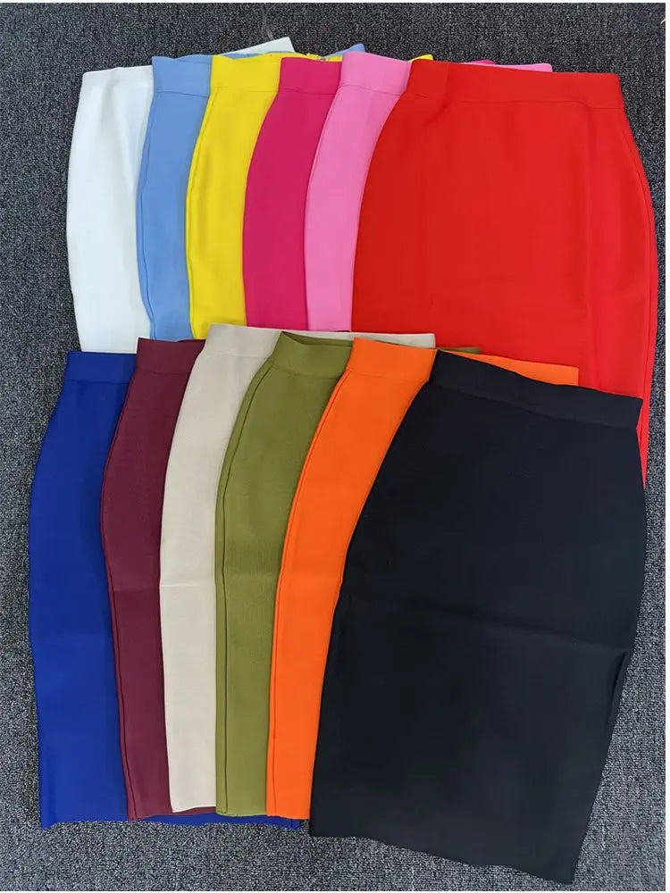 60CM Knee Length Summer Bandage Skirts For Women Candy Color Bodycon Pencil Skirt Ladies Elegant Office Business Formal XL XXL.