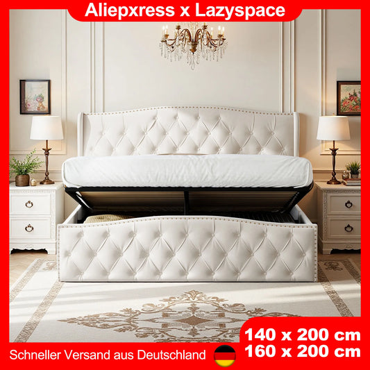 Lazyspace Samt gepolsterter Bettrahmen mit Lattenrost, hydraulisches Bett mit Stauraum, modernes Doppelbett mit Nietenverzierung