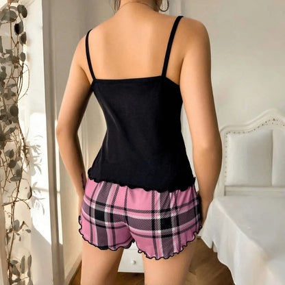 Frauen Sexy Hosenträger Shorts Dünne Pyjamas Brief Drucken Plaid Shorts Große Pyjamas Romantische Hause Tragen Sexy Nachtwäsche Kurze Pyjama.