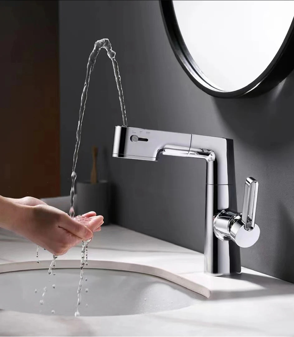 VGX Multifunctional Bathroom Faucets Pull Out Basin Mixer Sink Faucet Gourmet LED Display Tap 360° Tapware Crane Brass Chrome