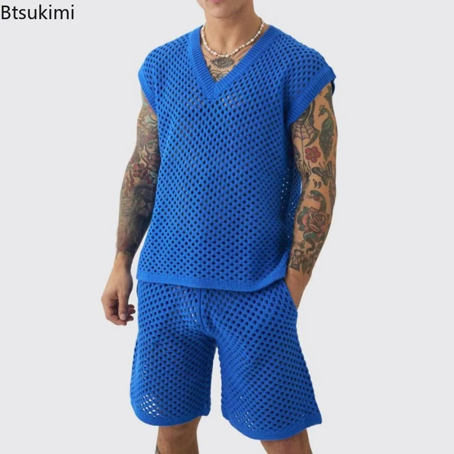 New Men's Summer Casual Knit V Neck Two-piece Sets Fashion Solid Loose Tank Tops and Shorts Sport Suit Men Hollow Out Streetwear.