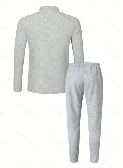 Men's Waffle Check Stand-Up Collar Semi-Casual Business Suit Two-Piece Set Button-Down Top with Comfortable Trousers.