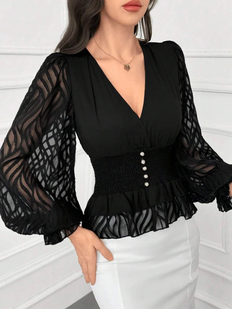 Women's Elegant and Fashionable V Neck Lantern Sleeve Waist Shirt.