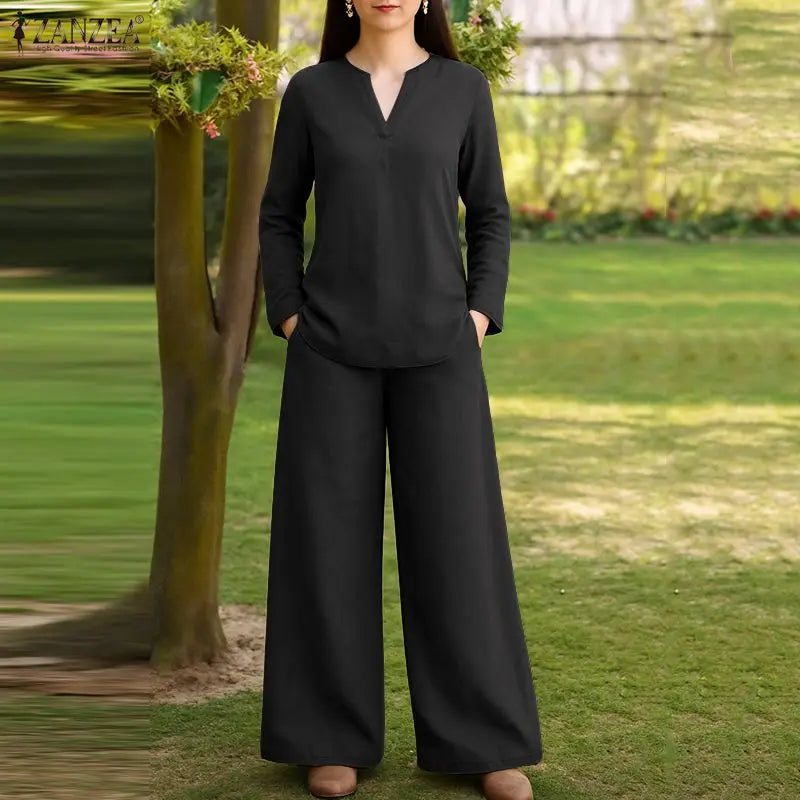 2025 ZANZEA Stylish Autumn 2 Piece Sets Women Outfit Casual V Neck Long Sleeve Tops Pant Set Solid Loose Work Tracksuit Oversize.