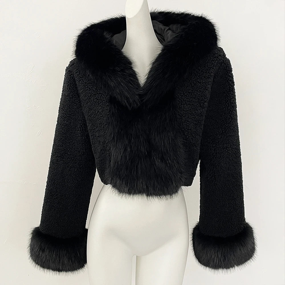 OFTBUY Lammwolle Weibliche Herbst Warme Dicke Faux Pelz Jacke Künstliche Winter Kleidung Frauen Mit Kapuze Kurze Pelzmantel Umweltfreundliche.