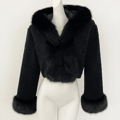 OFTBUY Lammwolle Weibliche Herbst Warme Dicke Faux Pelz Jacke Künstliche Winter Kleidung Frauen Mit Kapuze Kurze Pelzmantel Umweltfreundliche.