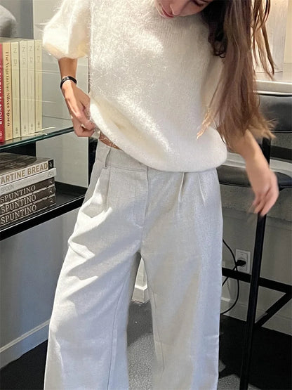 Damen Frühling Herbst Strickpullover Halbarm O Hals Einfarbig Lässige Strickwaren.