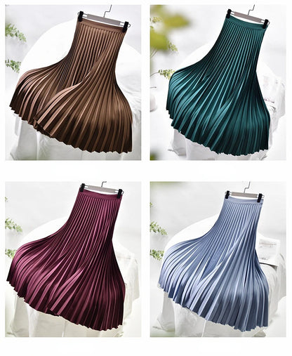 Looks Thin Pleated Skirt 2025 New High Waist A-line Skirt Mid-length Big Size Plaid Skirt Long Pleated Skirt Length 75-90cm.